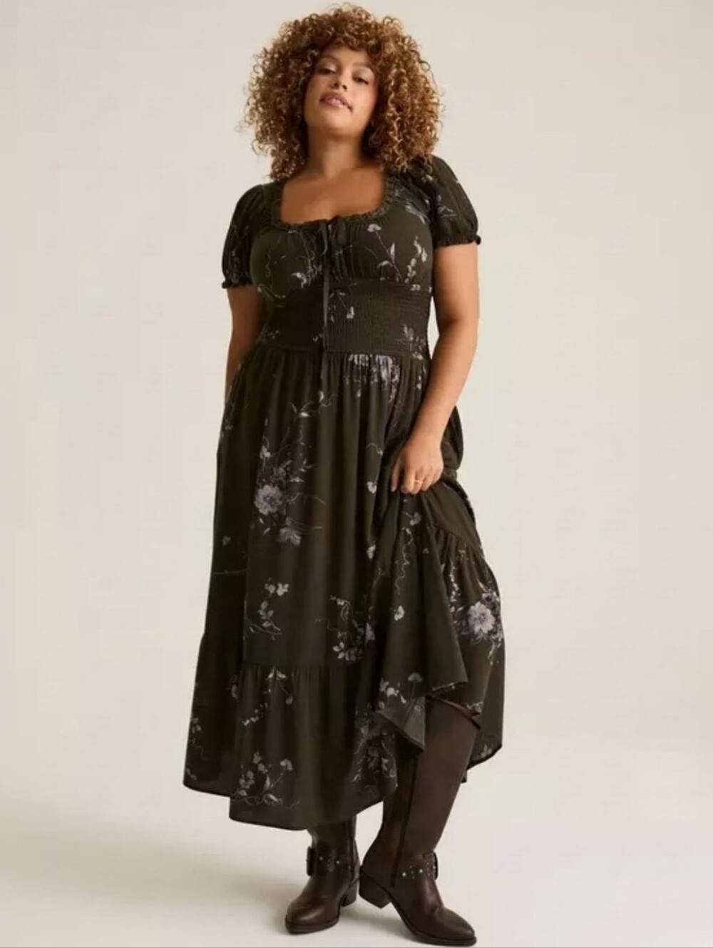 Torrid Festi Puff Sleeve Smocked Waist Maxi Dress Dark Green Floral Sz 00 M/L 10